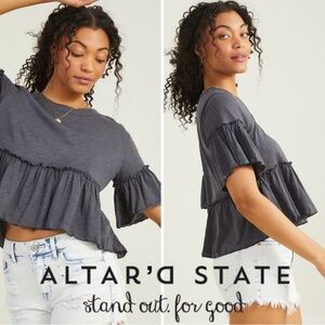 Altr’d State Women's Gray Ruffled crop top summer tee casual shirt size M